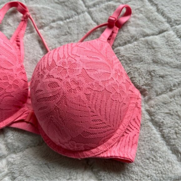 Victoria's Secret PINK | Coral Lace Push-Up Bra | Size 32DD - Picture 4 of 15